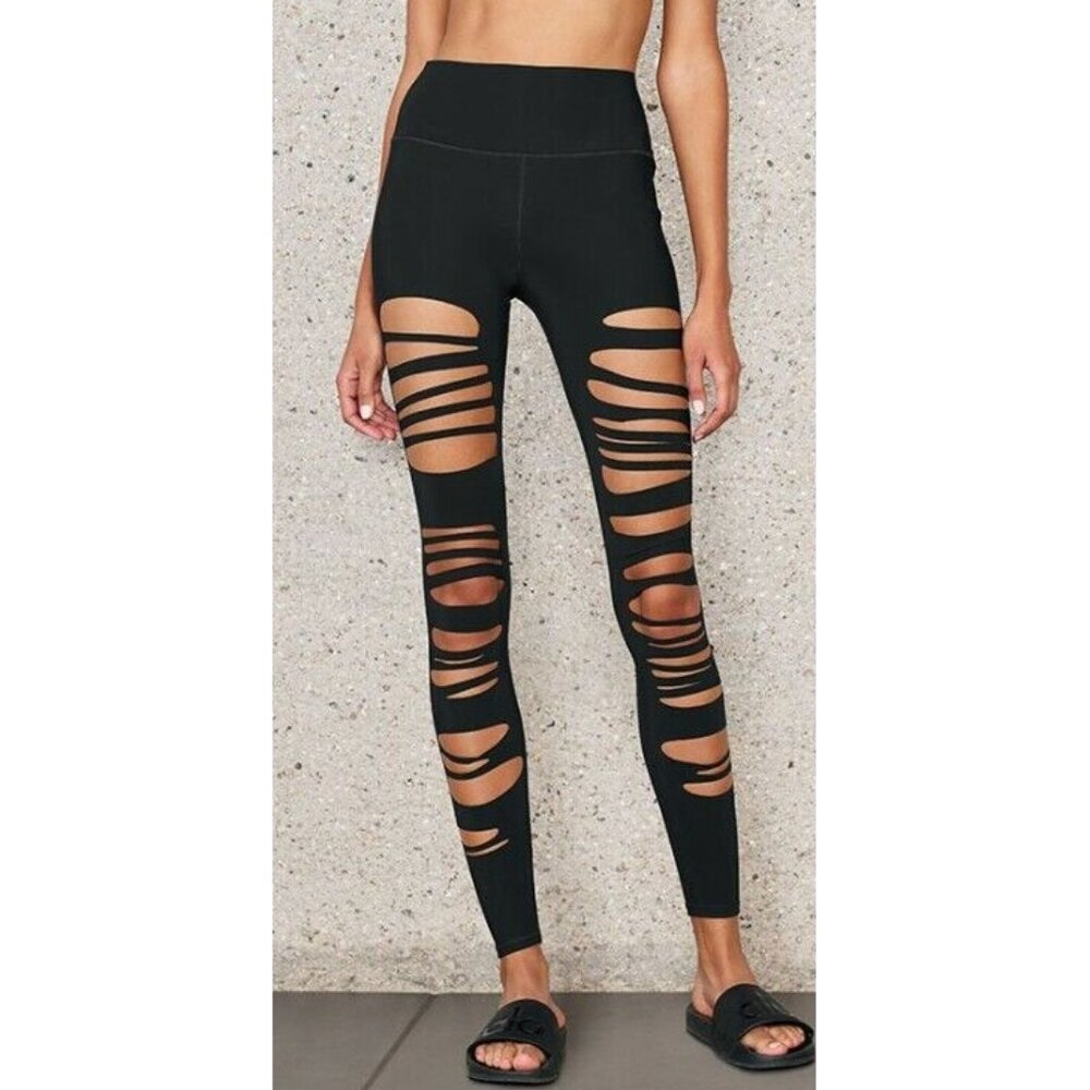 Alo High-Waist Extreme Ripped Warrior Leggings Black Edgy Hi-Rise Destroyed Pant - Picture 4 of 15